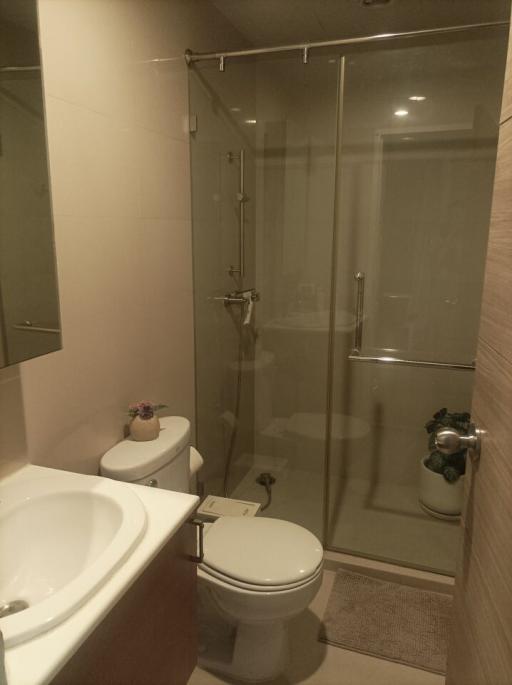 Modern bathroom interior with glass shower cubicle