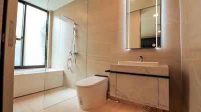 Modern bathroom with walk-in shower and sleek design