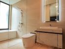 Modern bathroom with walk-in shower and sleek design