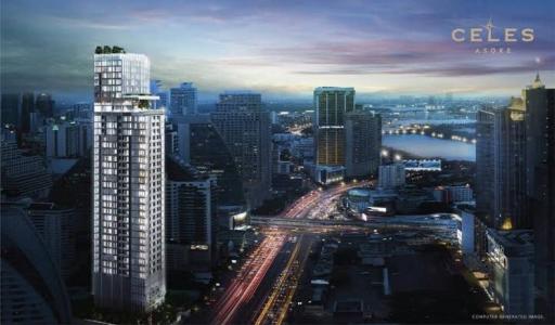 Modern high-rise building exterior at dusk with glowing city lights