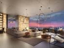 Modern living room with city skyline view at dusk