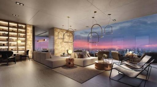 Modern living room with city skyline view at dusk