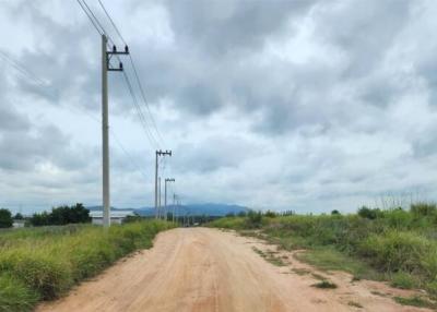 Unpaved country road with power lines and cloudy sky