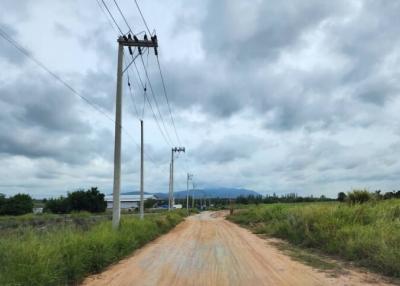 Dirt road leading through a rural landscape with utility poles under a cloudy sky