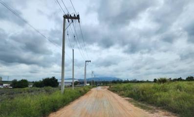 Dirt road leading through a rural landscape with utility poles under a cloudy sky
