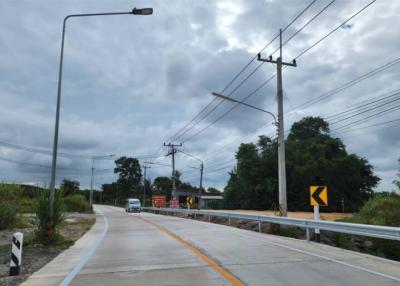 Paved road with street lighting and signage under a cloudy sky