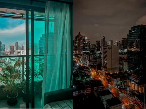 City view from a high-rise building with day and night contrast