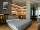 Modern bedroom with stylish lighting and marble wall design