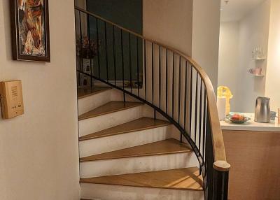 Elegant staircase with wooden steps and wrought-iron railing in a well-lit home interior