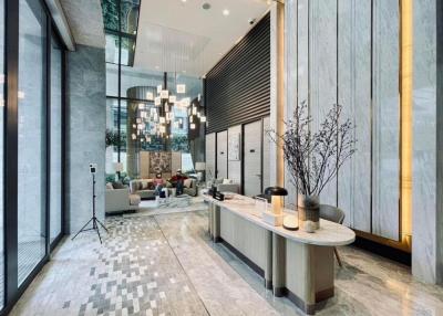 Elegant lobby interior with high ceiling and modern design