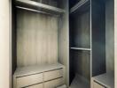 Modern empty walk-in closet with built-in cabinets