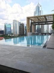 Modern rooftop swimming pool with city skyline view