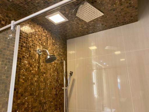 Modern bathroom with glass shower and mosaic tiles