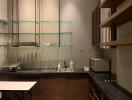 Modern kitchen with black countertops and glass shelves