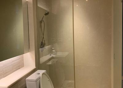 Modern bathroom with glass shower enclosure and toilet