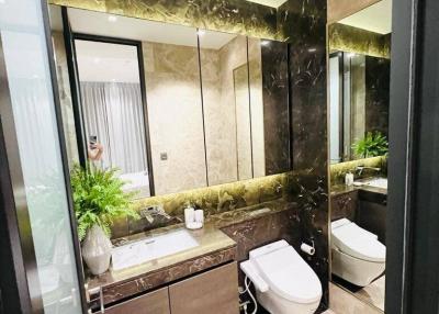 Modern, well-lit bathroom with reflective surfaces and green plants