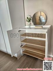 Modern bedroom interior with stylish wooden dresser and round mirror