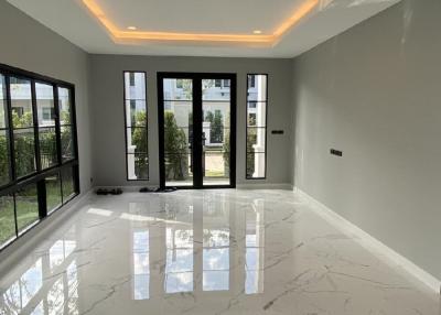Modern building interior with large windows and marble flooring