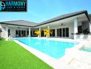 Spacious modern home with a large swimming pool and landscaped lawn