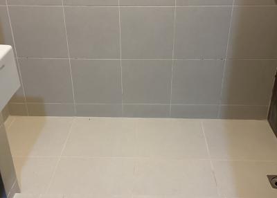 Close-up view of bathroom wall and floor tiling with visible shower drain
