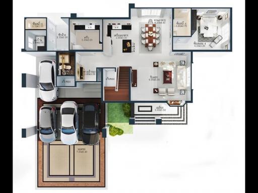 3D floor plan of a modern house with fully furnished rooms and a garage