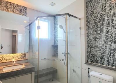 Modern bathroom with walk-in shower and mosaic tile detailing