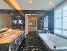 Modern bathroom interior with marble finish and luxury fixtures