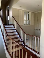 Elegant curved staircase with white balusters and wooden steps leading to an upper level