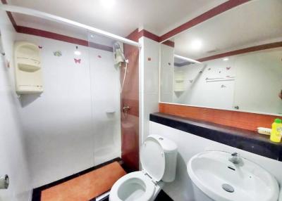 Modern bathroom interior with shower cabin and vanity