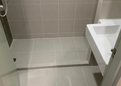 Compact bathroom interior with tiled walls and flooring