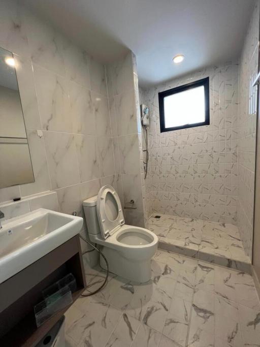 Modern bathroom interior with marble tiles and natural light