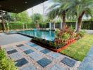 Spacious backyard with swimming pool and landscaping