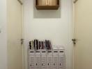 Bright and clean hallway interior with shoe storage and wooden shelving