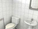 Compact bathroom with white tiles and checkerboard floor