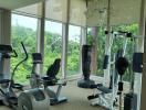 Home gym with exercise equipment and large windows overlooking nature