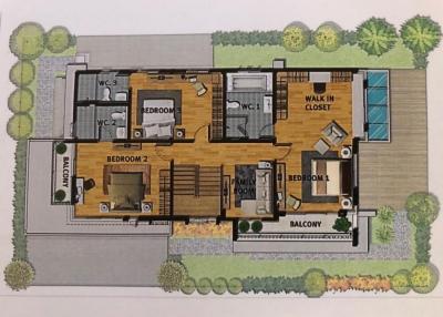 Floor plan of a residential apartment showing layout of bedrooms, living space, kitchen, and balconies