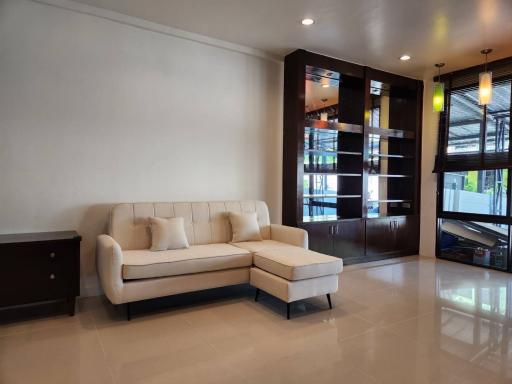 Modern living room interior with a comfortable sofa and a wooden bookcase