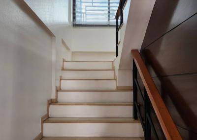 Modern wooden staircase with white walls and natural light