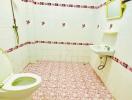 Spacious bathroom with white tiles and floral patterns