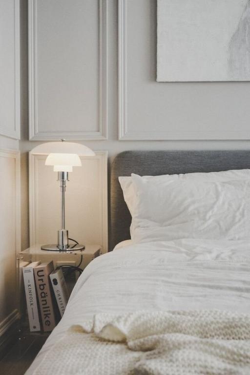 Cozy bedroom with classic design elements and neutral tones