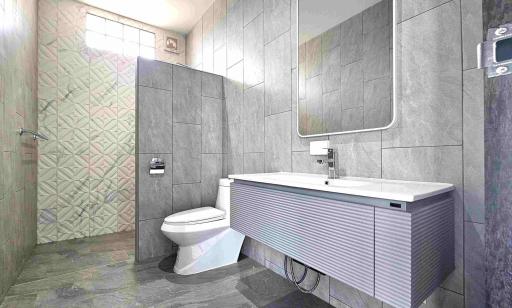 Modern bathroom interior with a floating vanity, toilet, and tiled walls