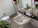 Modern bathroom with white fixtures, decorated with plants and red flowers