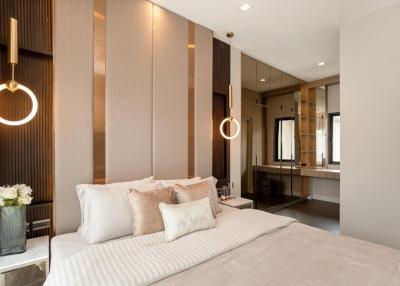 Modern bedroom with elegant decor and ambient lighting