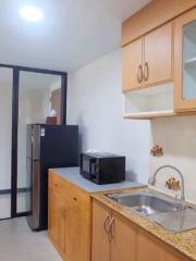 Compact modern kitchen with wooden cabinets and stainless steel sink