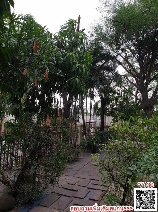 Lush garden with walkway and mature trees