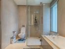 Modern bathroom with glass shower enclosure, bathtub, toilet, and large window