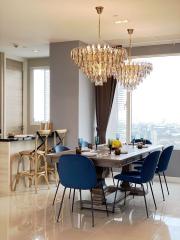 Elegant dining room with modern furniture and city view