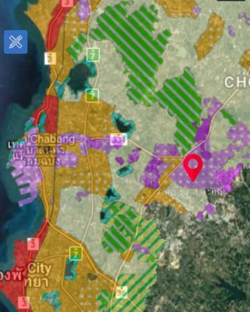 Aerial view map with markers and various land zones around a coastal area