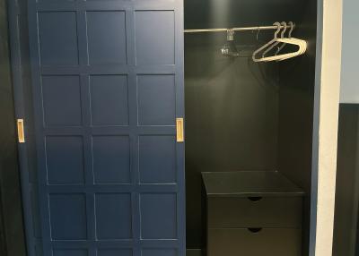 Modern blue closet with hangers and a storage unit