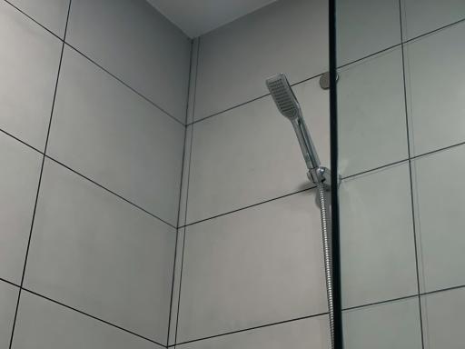 Modern shower head and tiling in bathroom